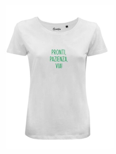 T-Shirt donna Lady 2.0 con la scritta “pronti, pazienza, via!” in patch – LG026