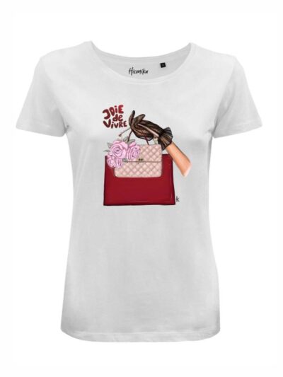 T-Shirt donna Lady 2.0 con una mano che tiene una borsa e la scritta “joie de vivre” in reflex – LG012