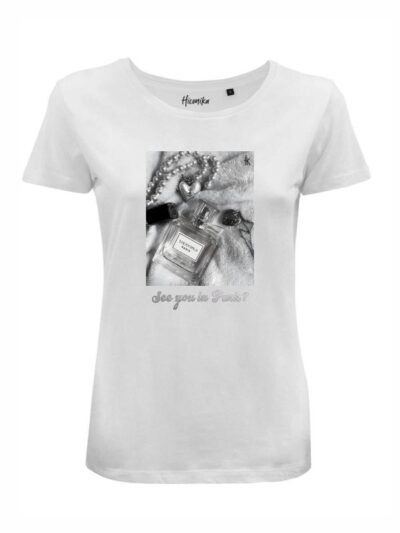 T-Shirt donna Lady 2.0 con un profumo, una collana e la scritta “see you in Paris?” in reflex – LG016