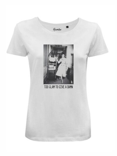 T-Shirt donna Lady 2.0 con stampa vintage e la scritta “too glam to give a damn” in glitter – LG018