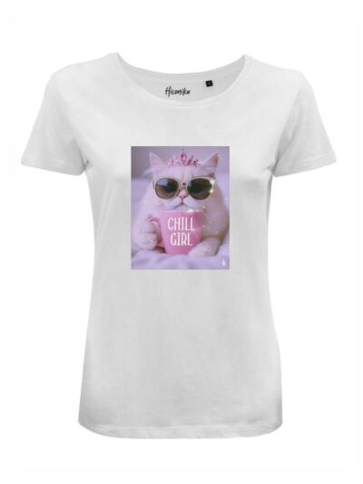 T-Shirt donna Lady 2.0 con un gatto e la scritta “chill girl” in glitter – LG022