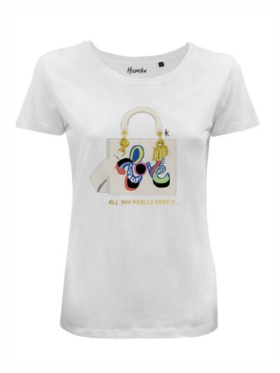 T-Shirt donna Lady 2.0 con una borsa e la scritta “all you really need is” in reflex – LG031