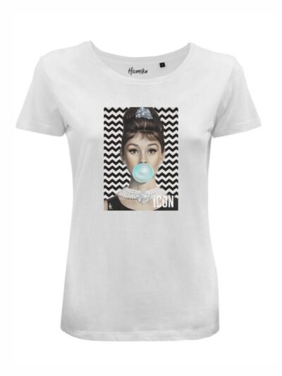 T-Shirt donna Lady 2.0 con tributo a Audrey Hapburn e la scritta “icon” in glitter – LG036