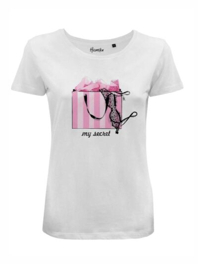 T-Shirt donna Lady 2.0 con una borsa, un reggiseno e la scritta “my secret” in glitter – LG038