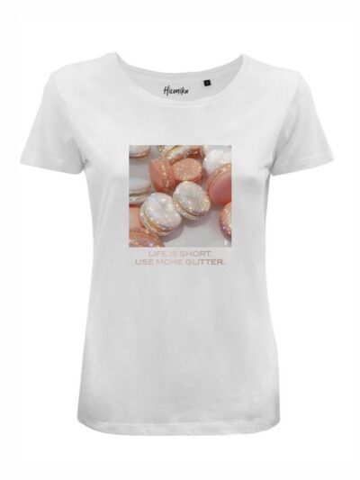 T-Shirt donna Lady 2.0 con i macarons e la scritta “life is short, use more glitter” in reflex – LG042