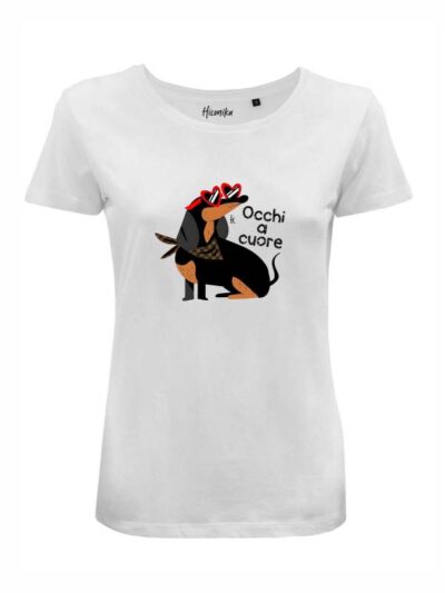 T-Shirt donna Lady 2.0 con un bassotto e la scritta “occhi a cuore” in glitter – LG002