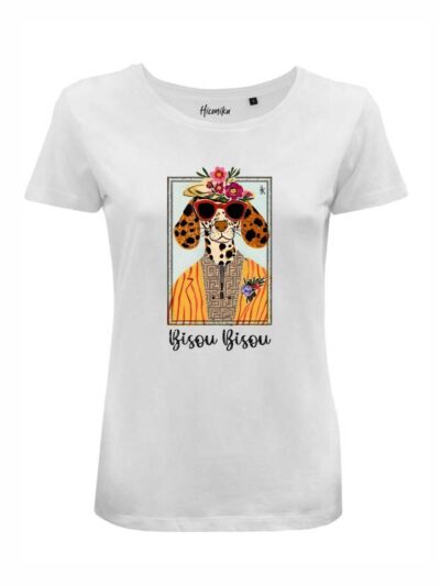T-Shirt donna Lady 2.0 con un cane fashion e la scritta “bisou bisou” in glitter – LG037