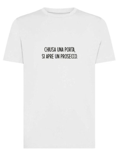 T-shirt uomo Moon con la scritta "chiusa una porta, si apre un prosecco" in patch a rilievo sul petto – TM005
