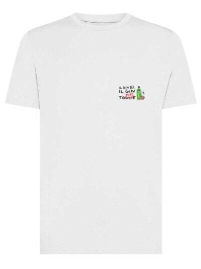 T-shirt uomo Moon con una bottiglia e la scritta "il gin dà, il gin tonic" stampate lato cuore – TM019