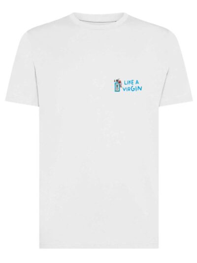 T-shirt uomo Moon con la stampa di una bottiglia e la scritta "like a virgin" in patch a rilievo lato cuore – TM020