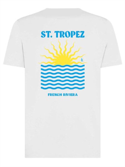 T-shirt uomo Moon con la sagoma del sole e la scritta "S.T. Tropez" in patch a rilievo lato cuore e la stampa sulle spalle – TM031