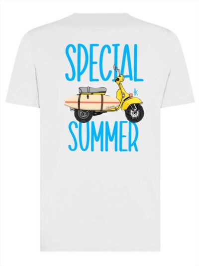 T-shirt uomo Moon con la scritta "special summer" in patch a rilievo lato cuore e la stampa con uno scooter sulle spalle – TM034