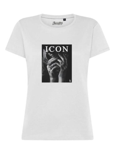 T-Shirt donna Lady 2.0 con foto artistica in bianco e nero e la scritta "icon" – TW010