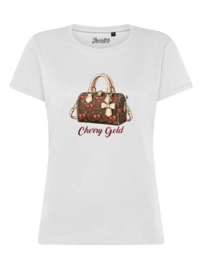 T-Shirt donna Lady 2.0 con una borsa e la scritta “cherry gold” in reflex – TW019