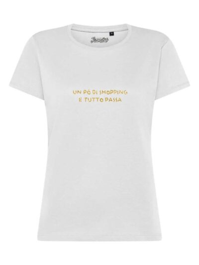 T-Shirt donna Lady 2.0 con la scritta “un po' di shopping e tutto passa” in glitter – TW030
