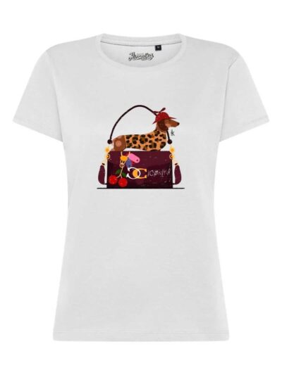 T-Shirt donna Lady 2.0 con la stampa di un cagnolino e una borsa – TW031