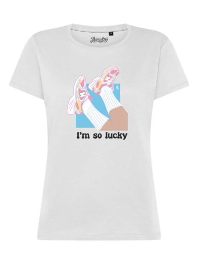 T-Shirt donna Lady 2.0 con grafica sneakers stampata e la scritta “I'm so lucky” in patch a rilievo – TW037