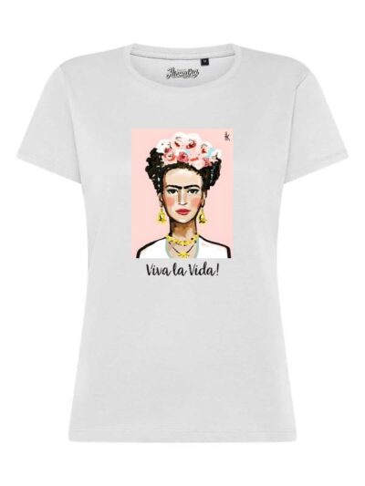 T-Shirt donna Lady 2.0 con la stampa di Frida Kahlo e la scritta “Viva la vida!” in glitter – TW041
