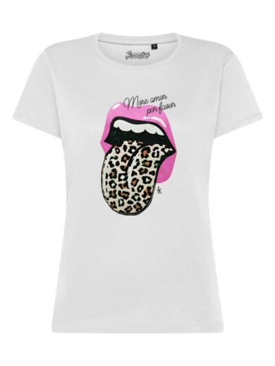 T-Shirt donna Lady 2.0 con la stampa di una linguaccia animalier e la scritta “More amor por favor” – TW045